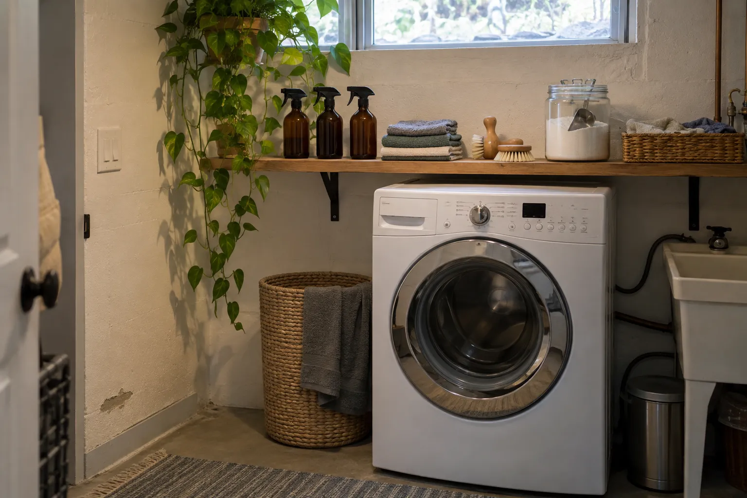 Laundry room shelf with amber refillable spray bottles, folded cloths and wooden scrub brushes above a washer