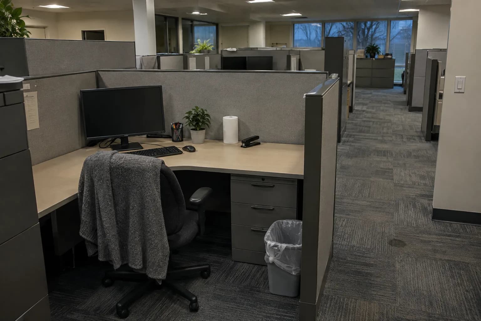 Tidy office cubicle after hours with a switched-off monitor, an emptied wastebasket and a sweater on the chair