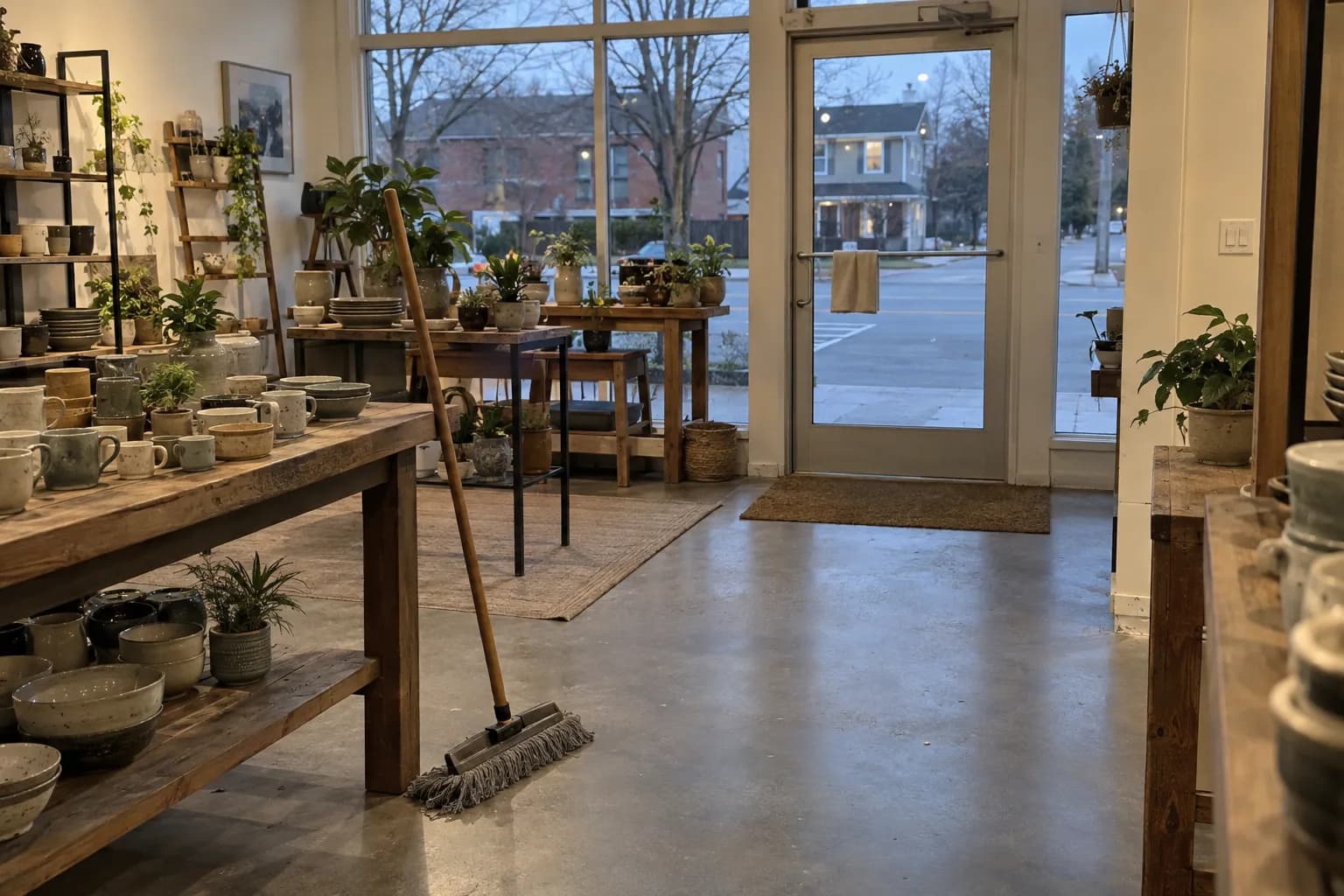 Small home-goods shop after closing, with ceramic mugs on wooden tables and a dust mop on the concrete floor