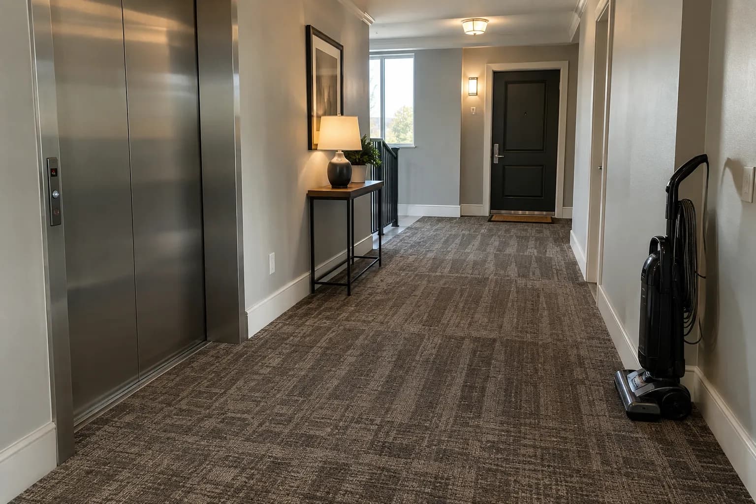 A freshly vacuumed apartment building hallway beside the elevator
