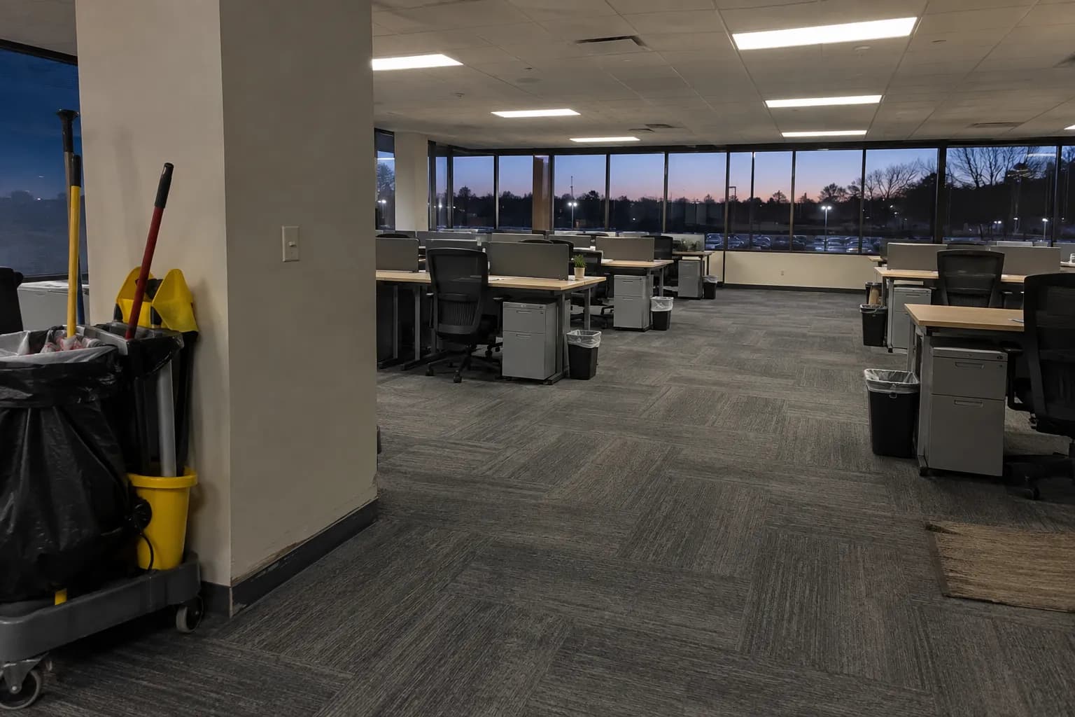 Open-plan office after an evening cleaning, with a janitorial cart parked by a column