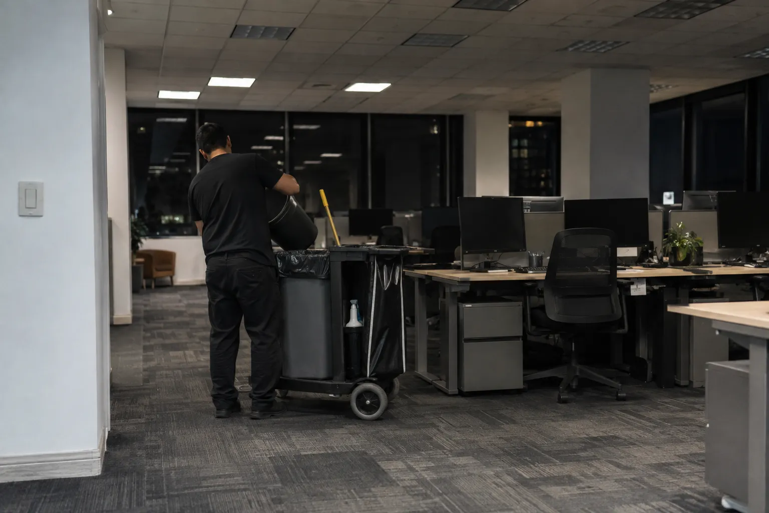 A crew member, seen from behind, emptying a wastebasket into a janitorial cart in an open office at night