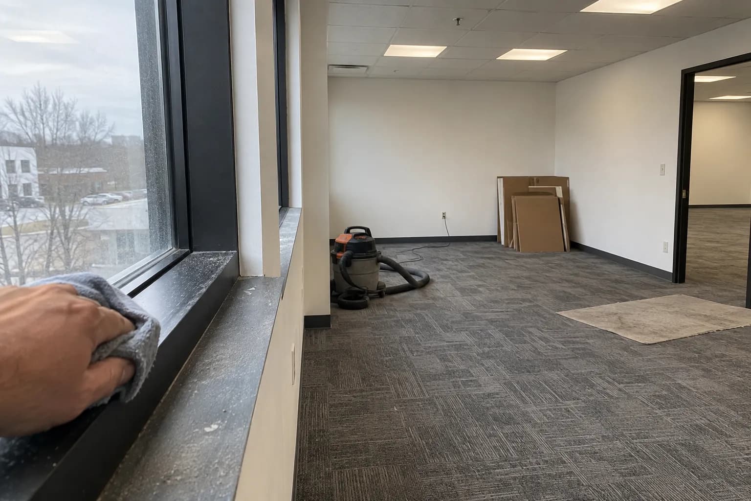 A hand wiping construction dust from a window sill in a newly built-out office suite