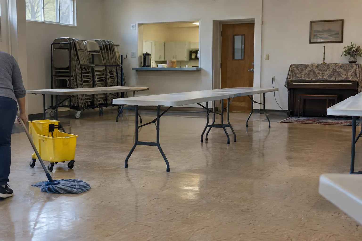 A congregation's fellowship hall being mopped, with folding tables and stacked chairs