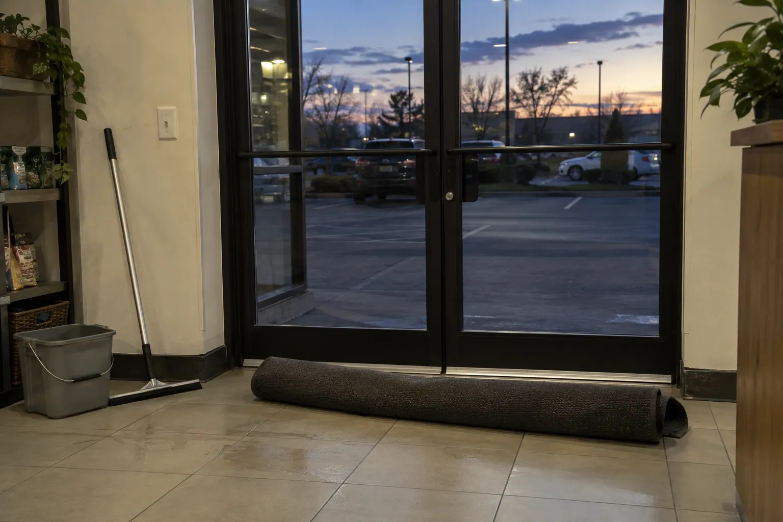 A store's glass entrance doors after closing, with a floor squeegee and bucket beside them