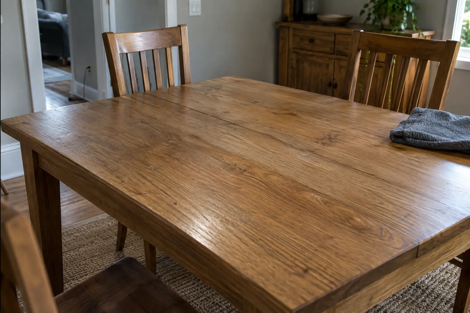 A freshly wiped oak dining table with a folded cloth at its edge