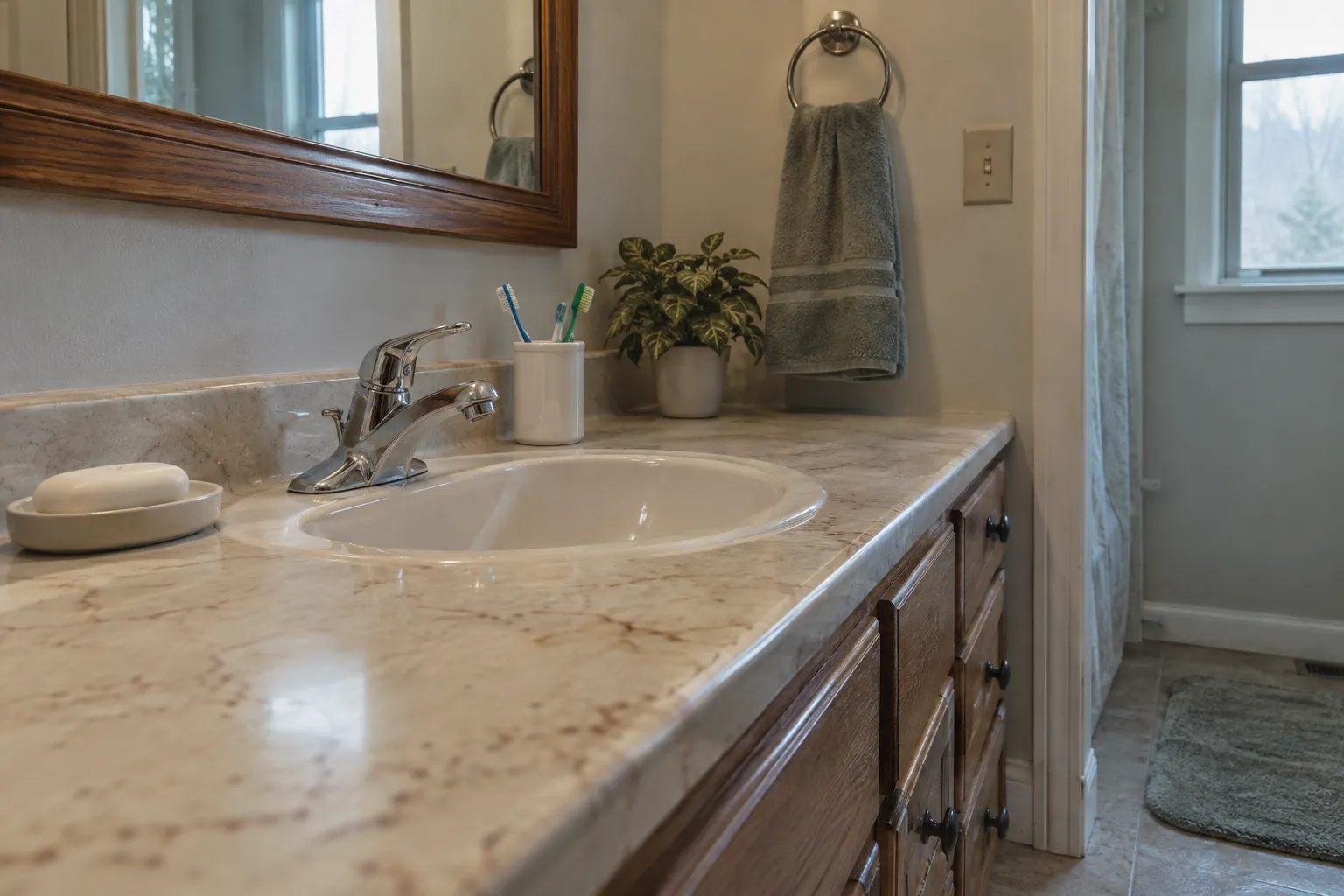 A freshly cleaned bathroom sink and chrome faucet on a marble-look vanity