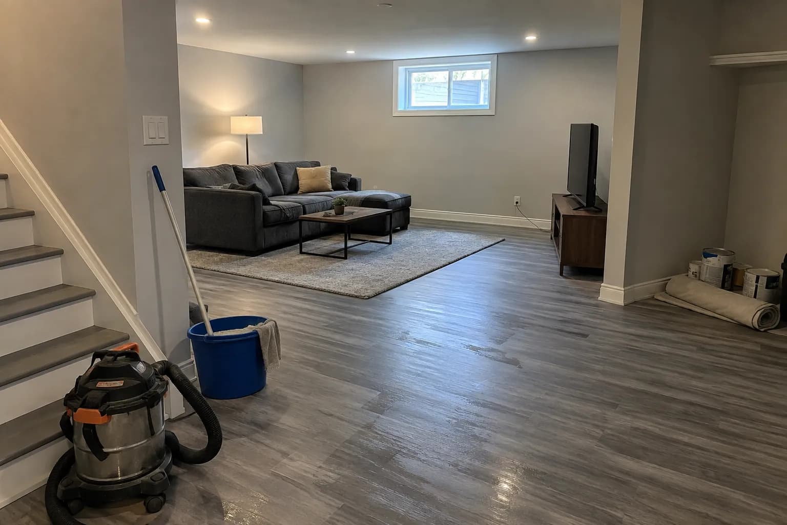A renovated basement family room with a shop vacuum and mop bucket by the stairs