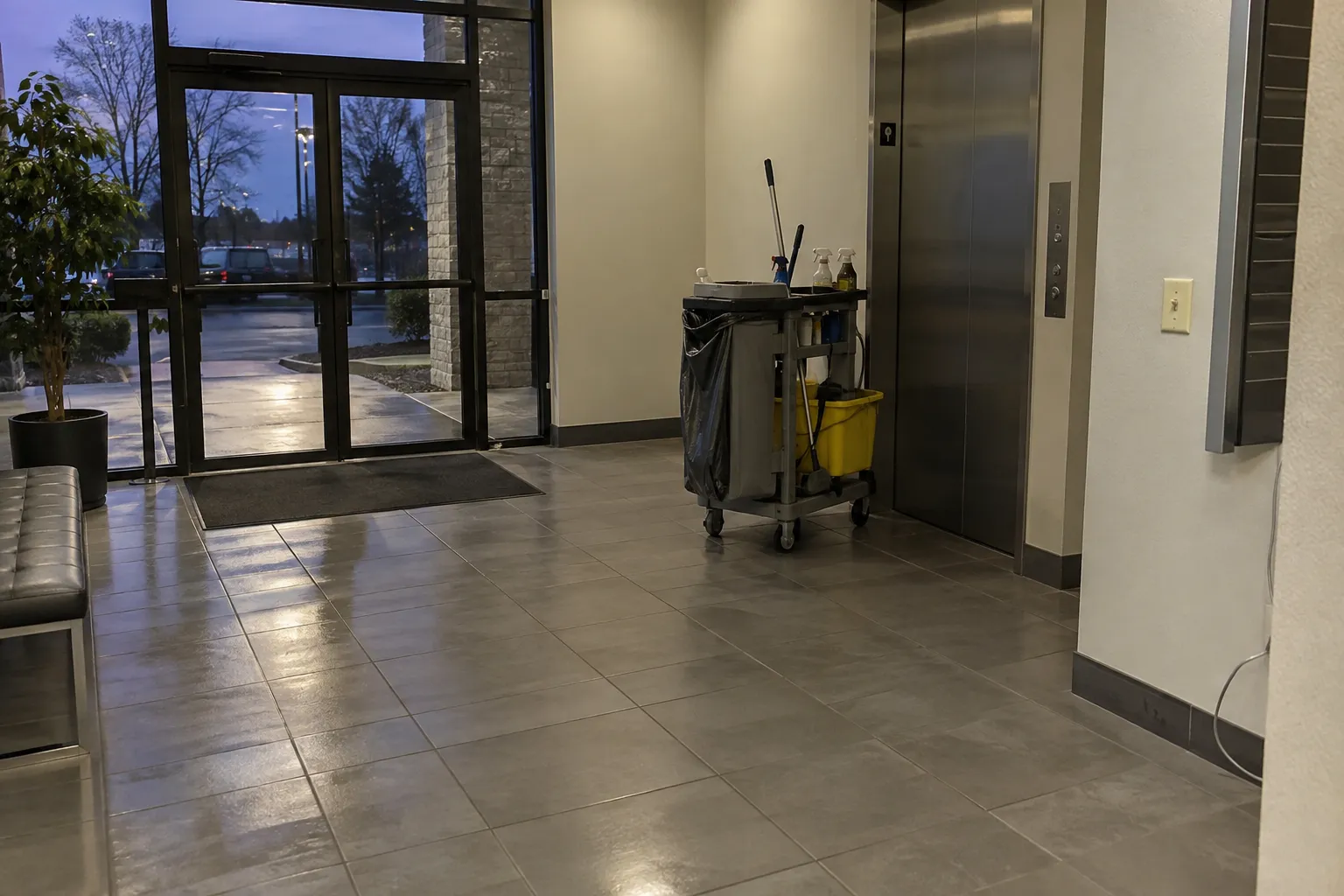 An office building lobby after hours with a janitorial cart parked by the elevator