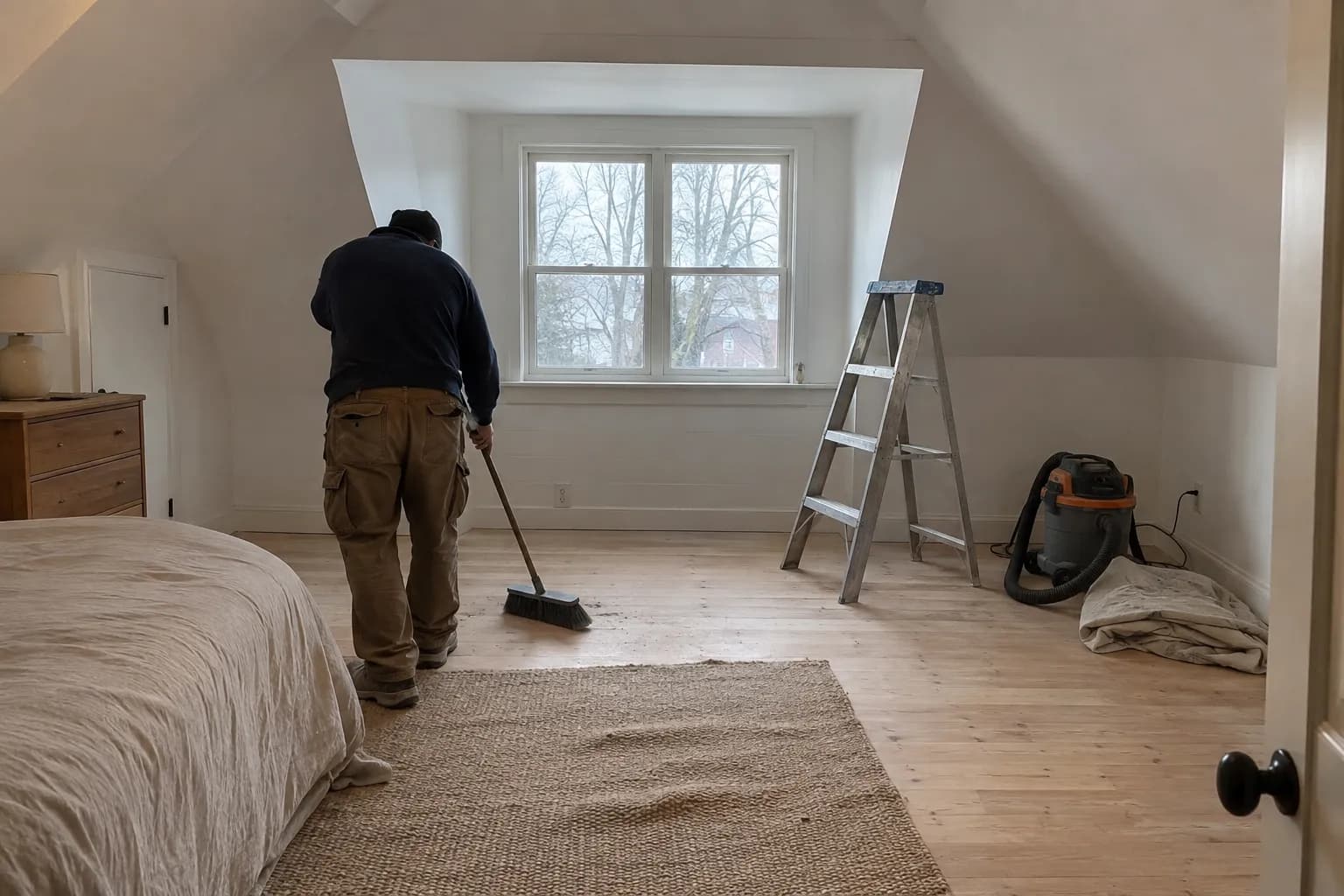 A worker, seen from behind, sweeping a newly finished attic bedroom