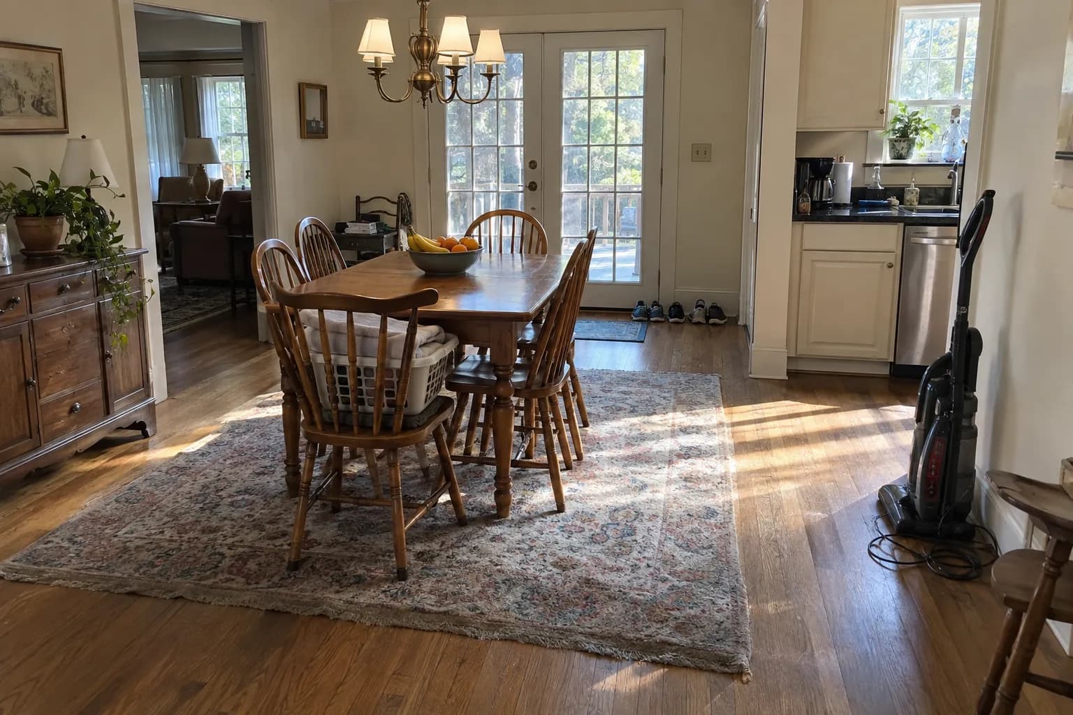 A tidy dining room with a vacuum standing by the kitchen doorway