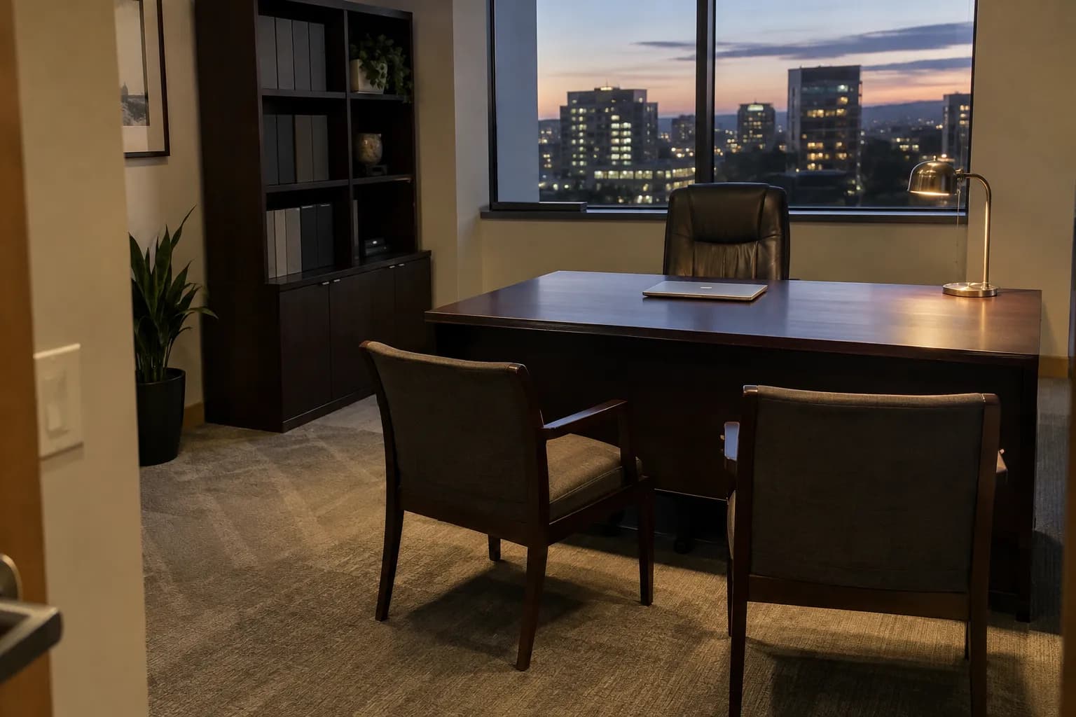A private executive office in the evening with the desk cleared and chairs pushed in