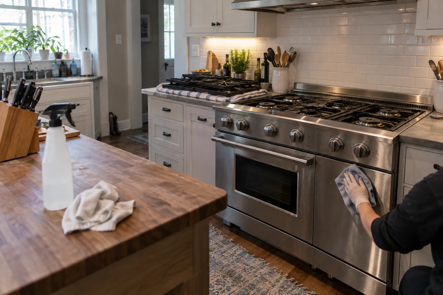 A gloved hand wiping down the front of a stainless steel gas range