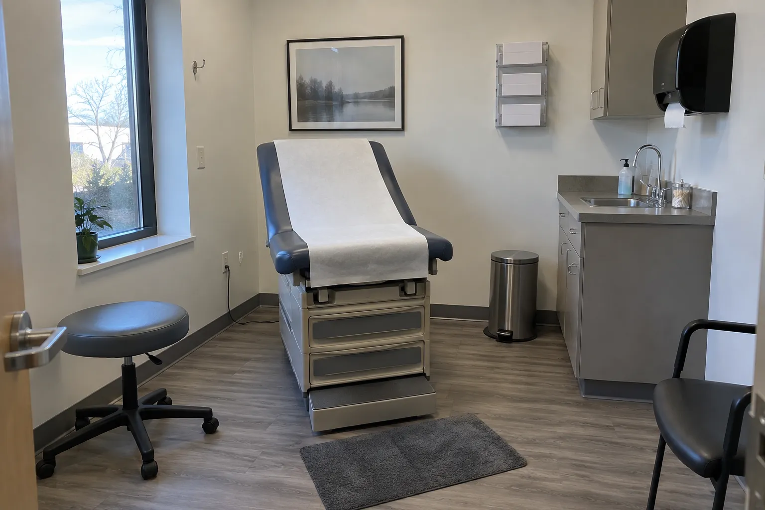 A clean exam room in a medical clinic with fresh paper on the exam table