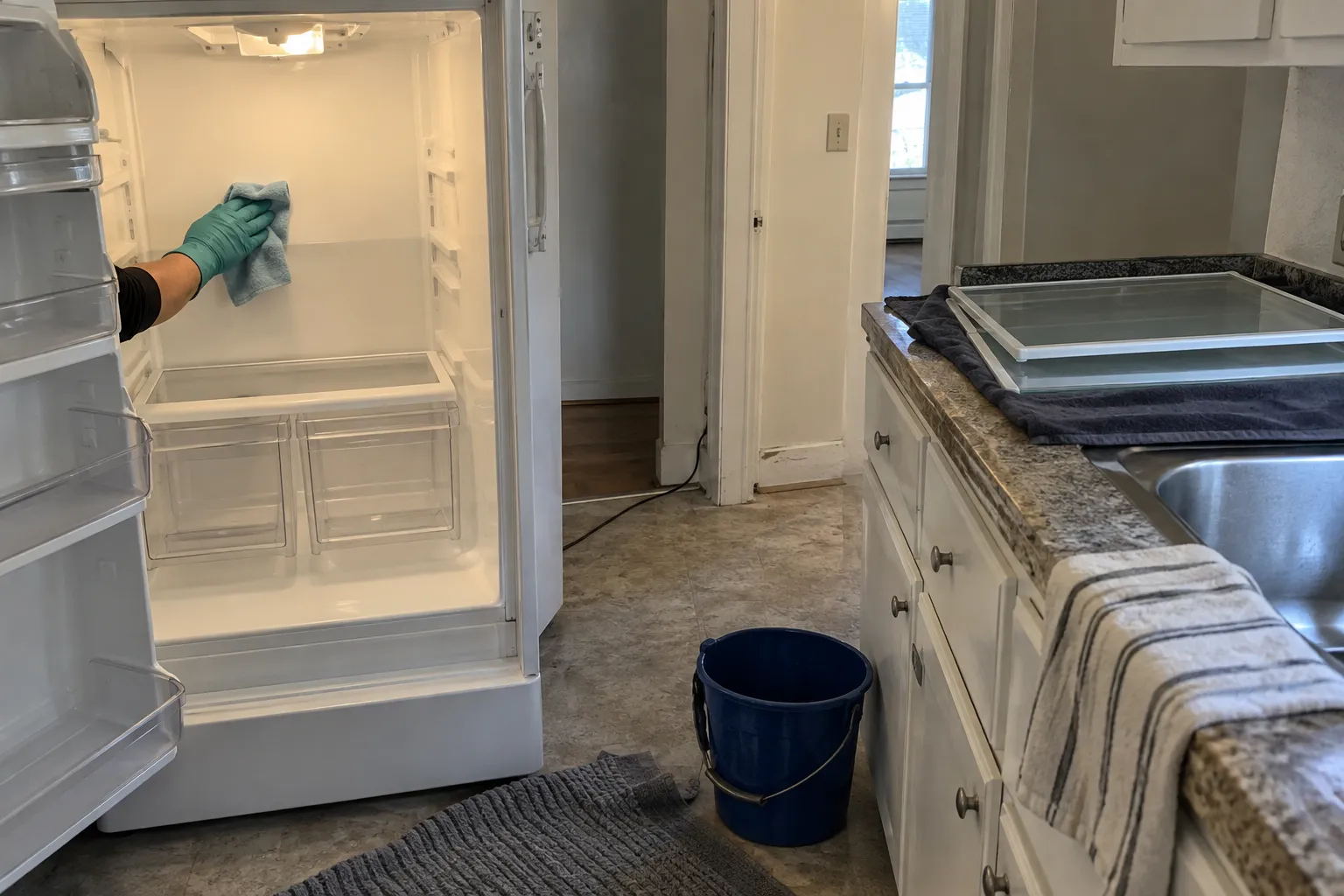A gloved hand wiping the inside of an empty refrigerator in a vacated apartment
