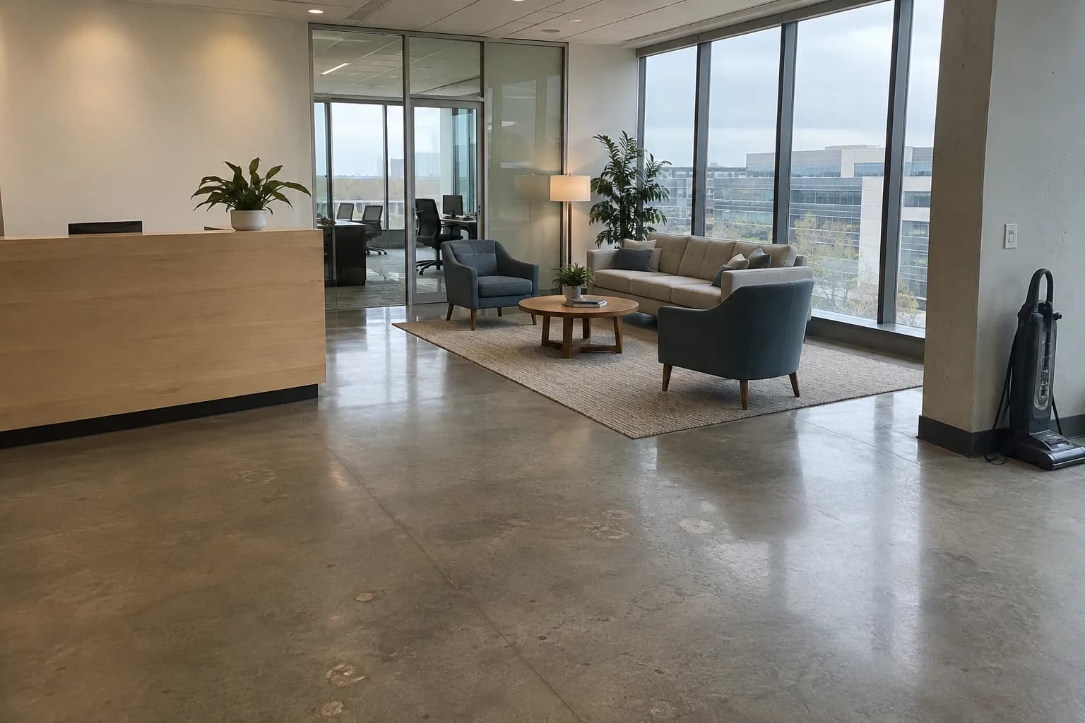 The reception desk and lounge of a modern office suite with a vacuum parked by a pillar