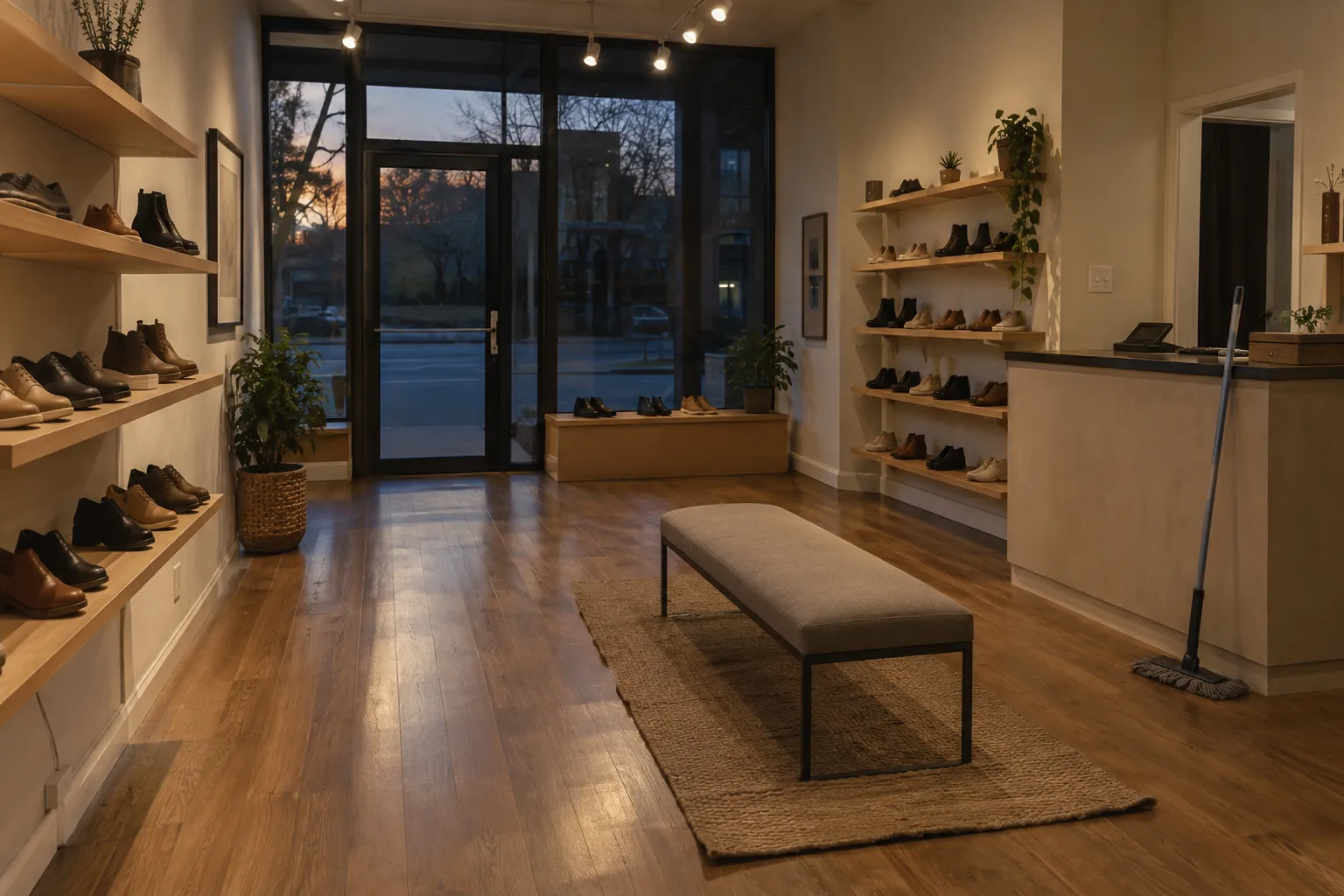 A small shoe boutique after closing, with a dust mop resting against the counter