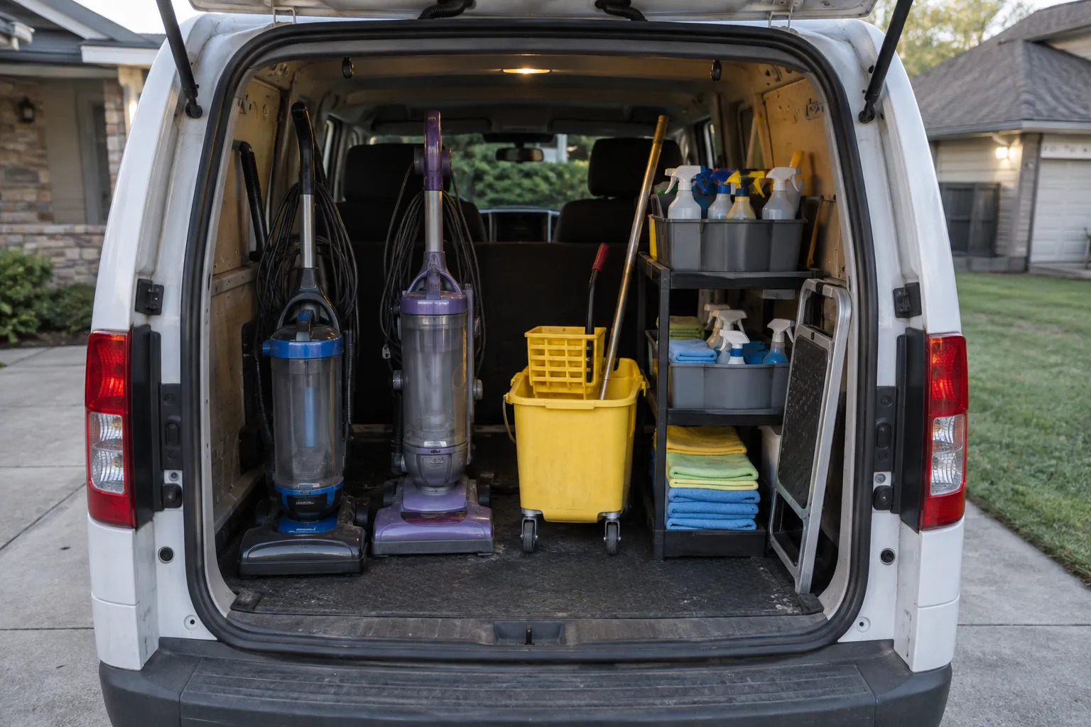 The open back of a plain white van loaded with vacuums, a mop bucket and cleaning supplies