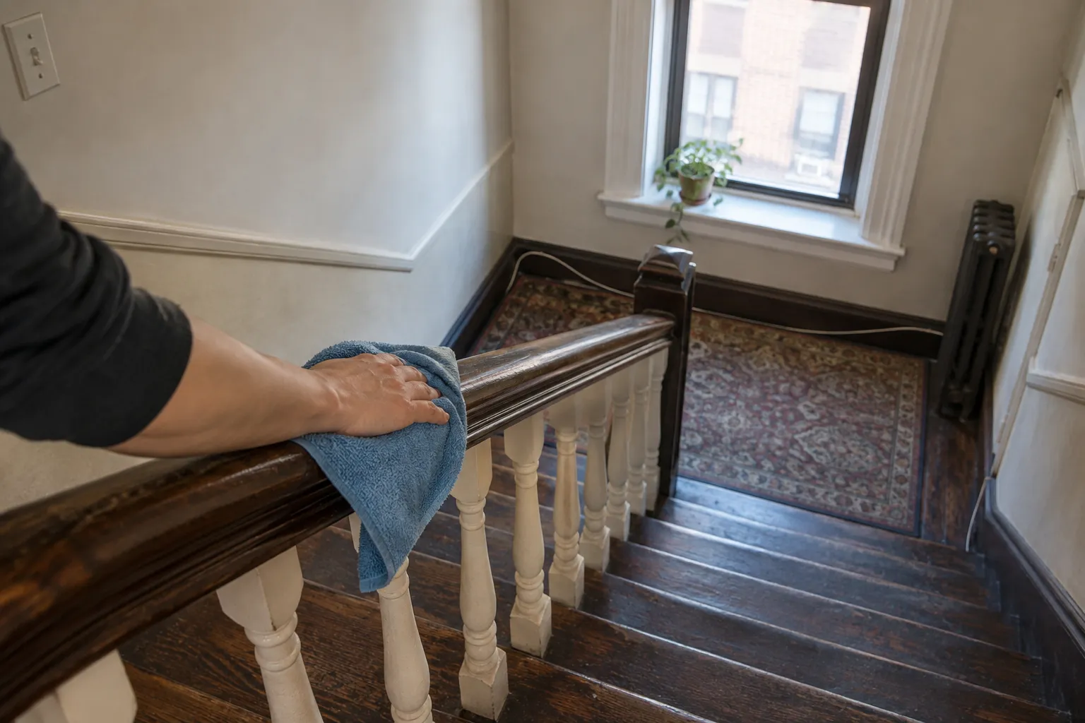 A hand wiping the wooden handrail of an apartment building staircase