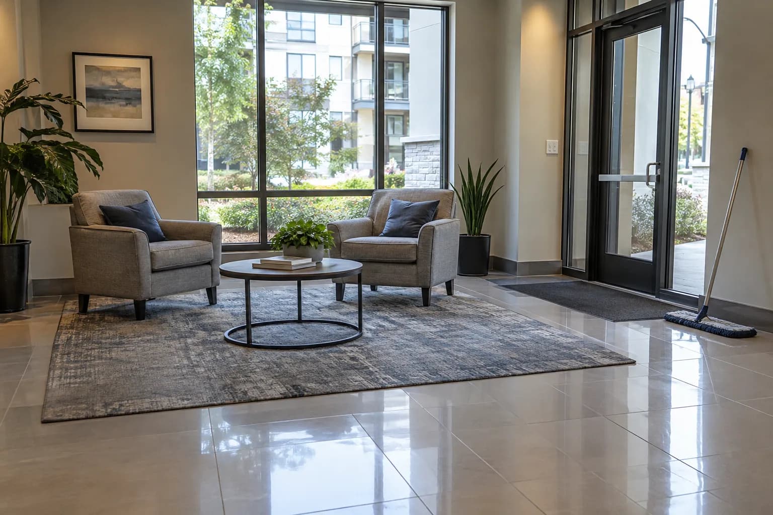 An apartment building lobby with a seating area and a dust mop by the entry doors