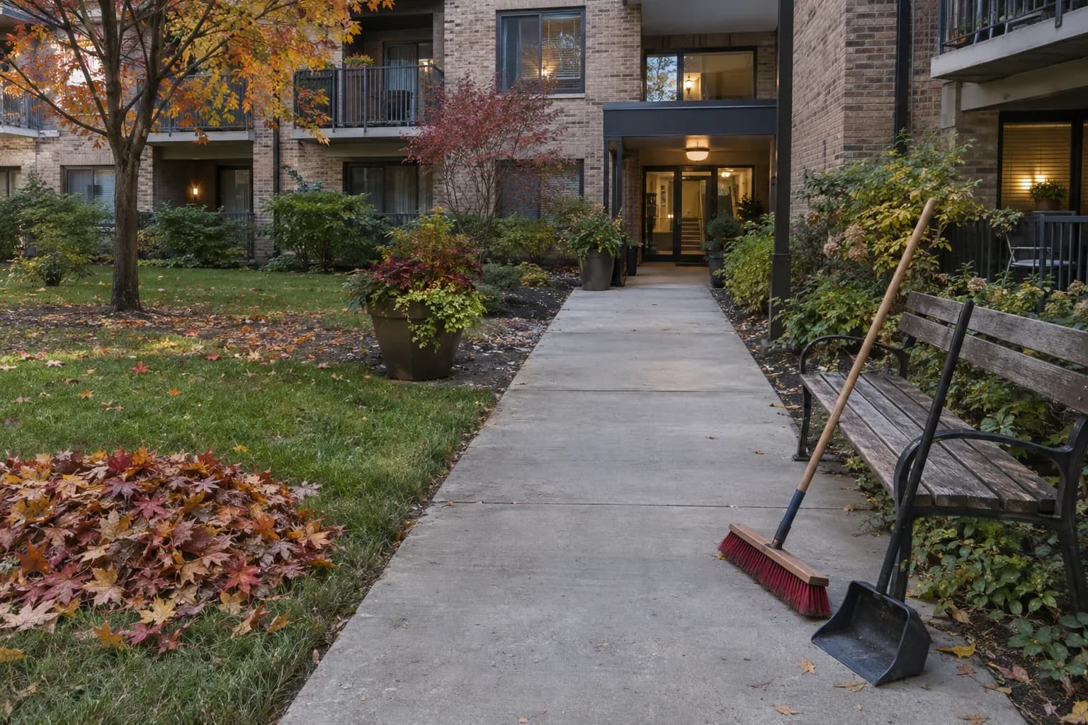 A swept apartment courtyard walkway with a push broom and a pile of autumn leaves