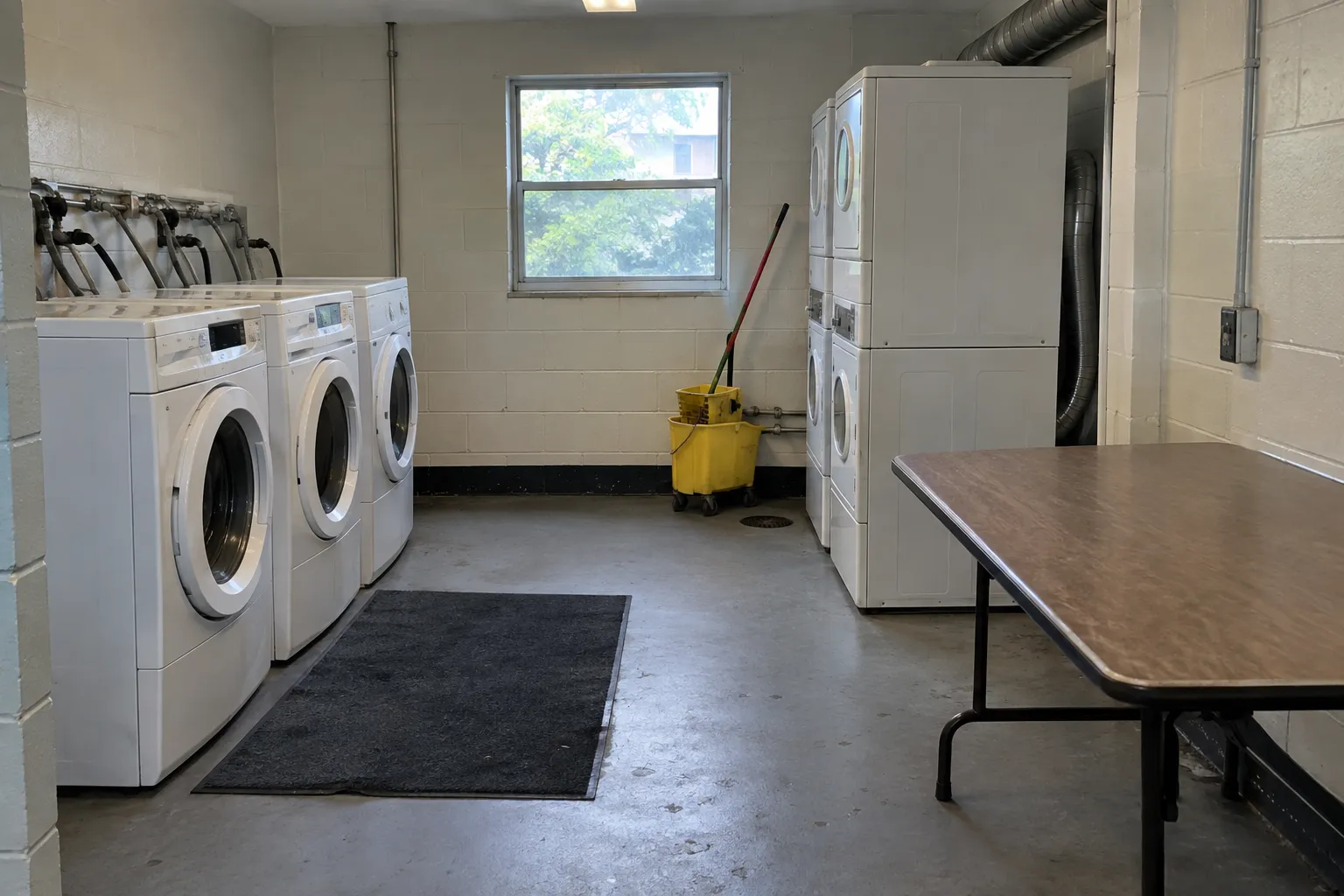 A shared apartment building laundry room with a mop bucket by the machines
