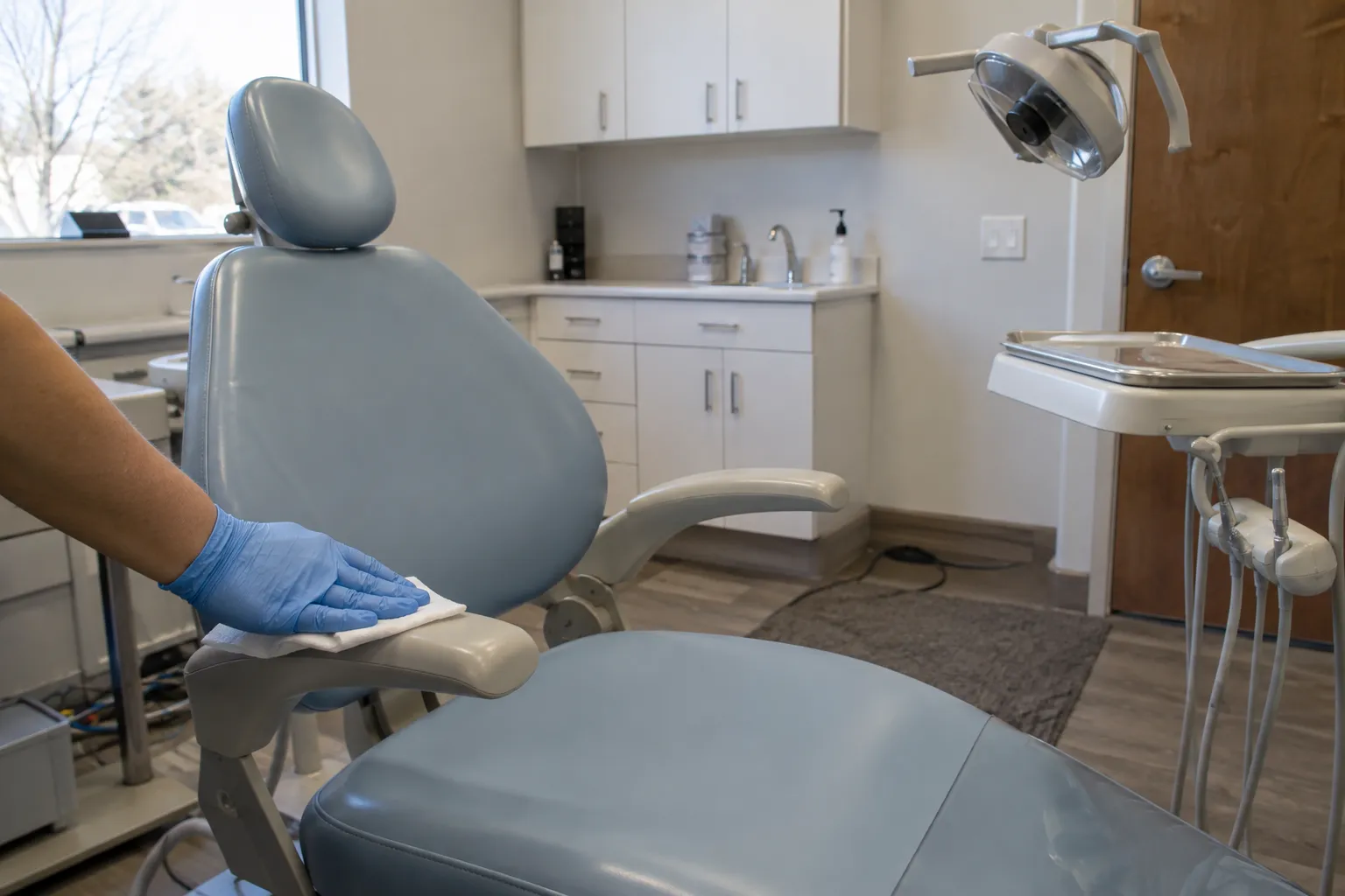 A gloved hand disinfecting the armrest of a dental chair