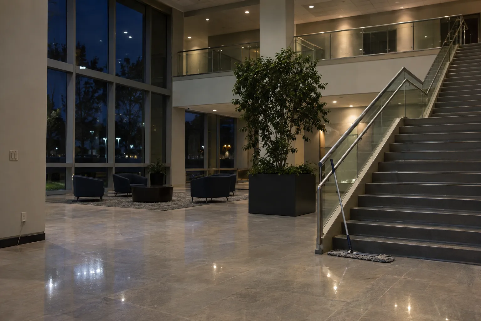 A two-story office atrium lobby at night with a dust mop by the stairs