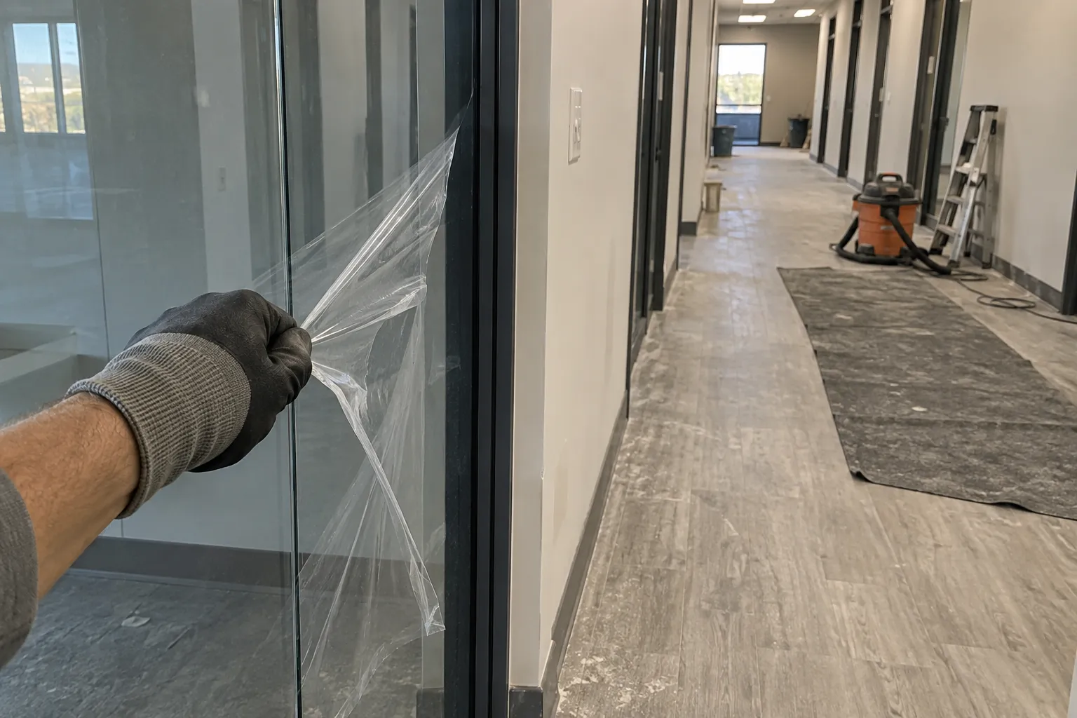 A gloved hand peeling protective film off a new glass panel in a freshly built corridor