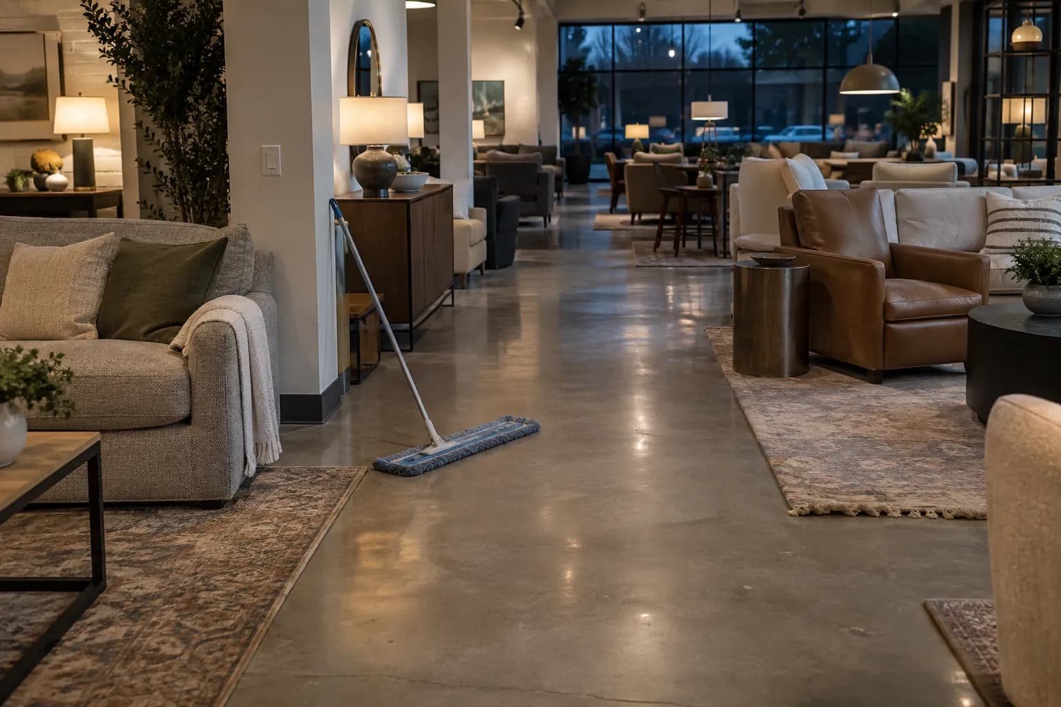A furniture showroom after closing with a dust mop on the polished concrete floor