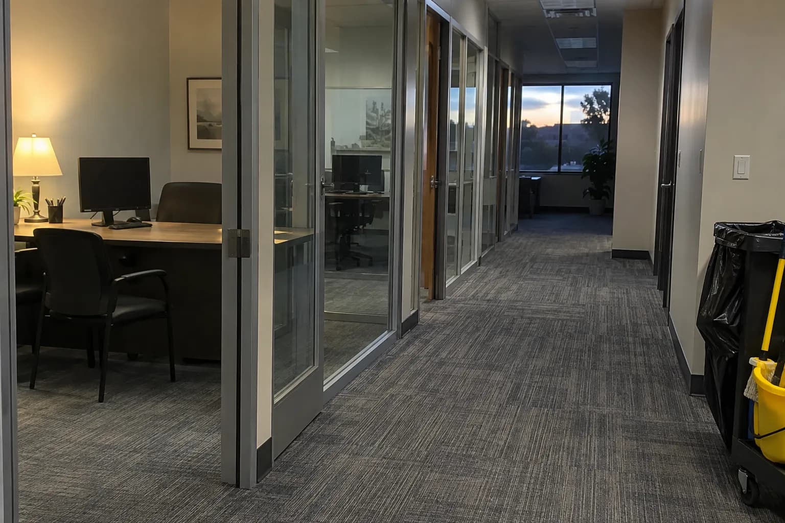 An empty office corridor after hours, with glass-fronted private offices and a cleaning cart at the edge of the frame