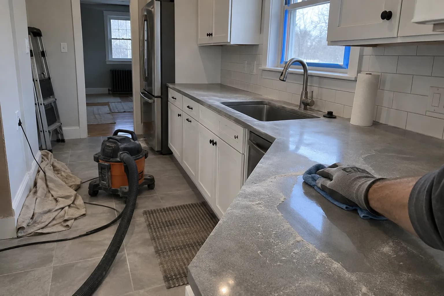 A gloved hand wiping construction dust off the counter of a just-renovated kitchen, with a shop vacuum on the floor