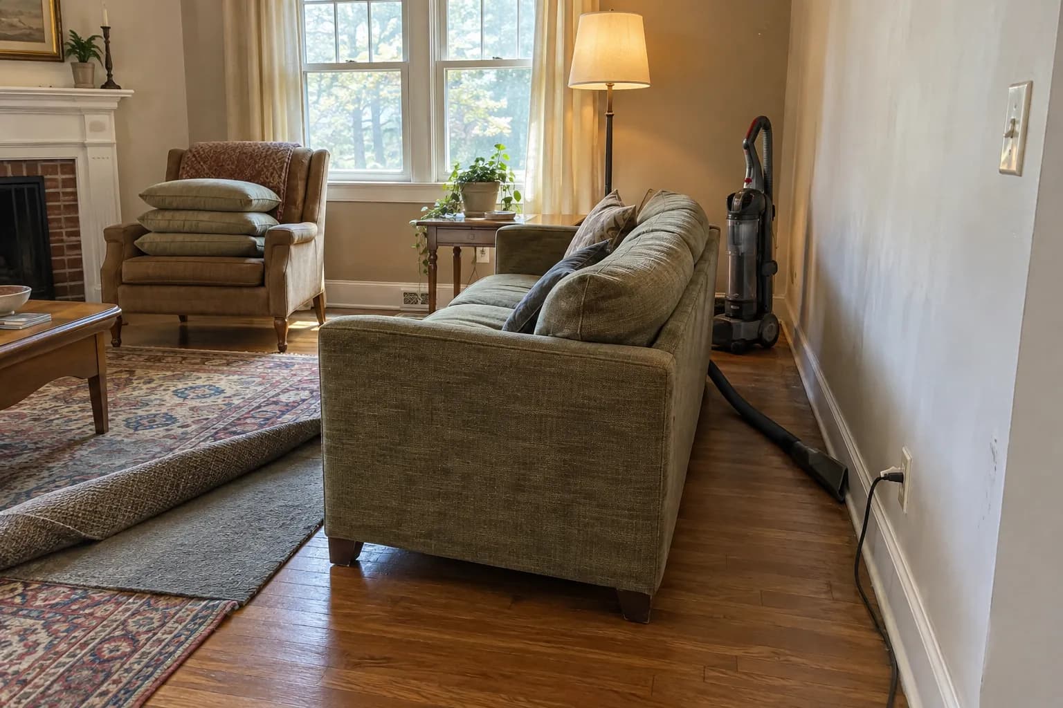 A sofa pulled away from the wall and the rug folded back so the floor underneath can be vacuumed