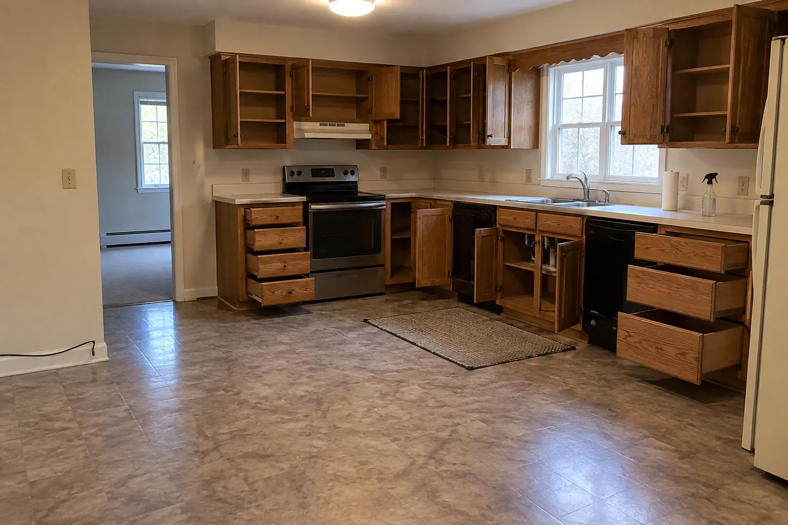 An emptied kitchen with every cabinet and drawer standing open after being wiped out