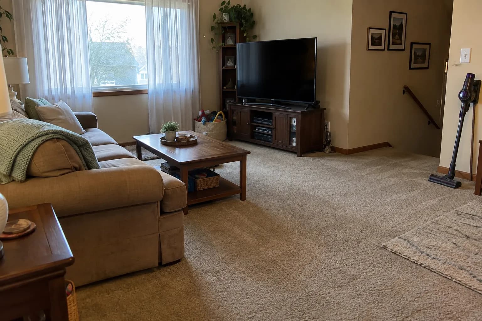 A tidy family living room with a knit throw on the sofa, a basket of toys and a cordless vacuum by the wall