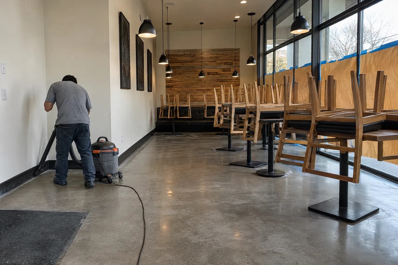 A worker, seen from behind, vacuuming construction dust in a newly finished restaurant