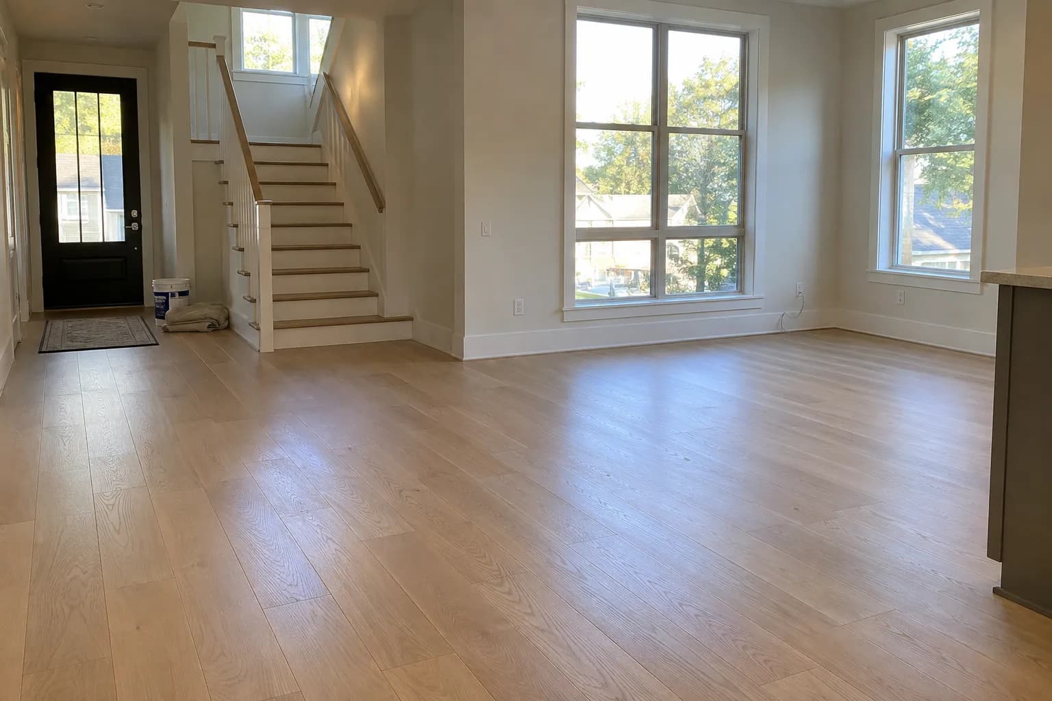 A newly built townhouse living area with new oak stairs, cleaned and ready for handover