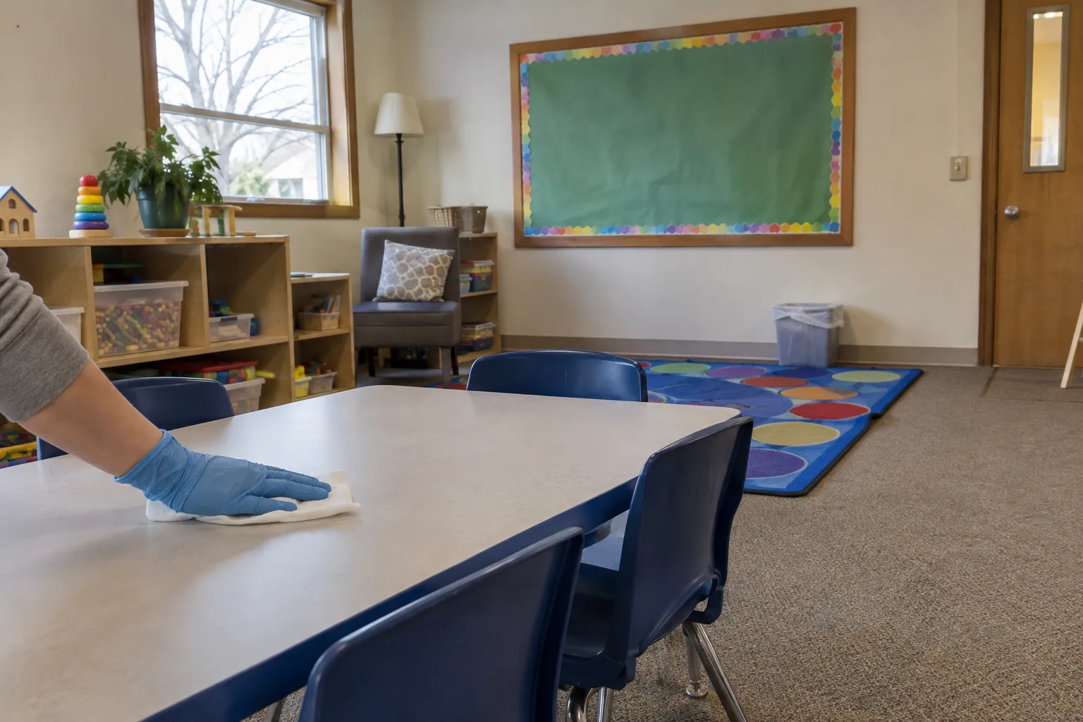 A gloved hand wiping a child-size table in a church classroom
