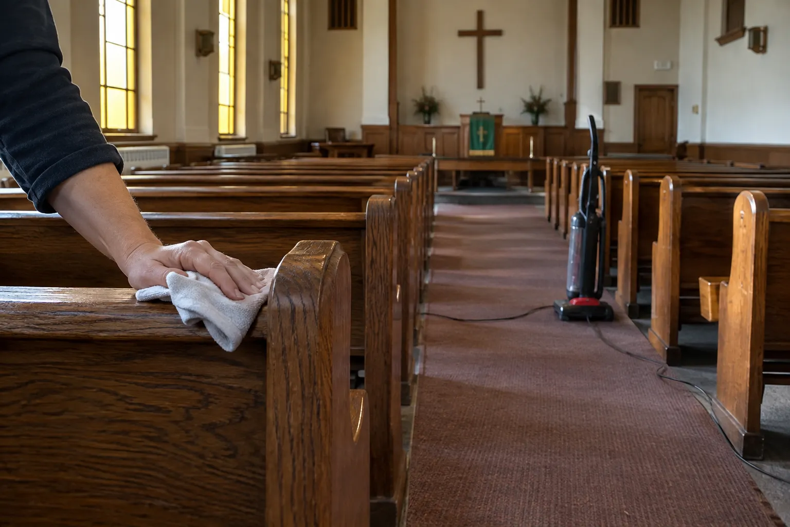 A hand dusting the end of a wooden pew in a quiet church sanctuary, with a vacuum in the aisle