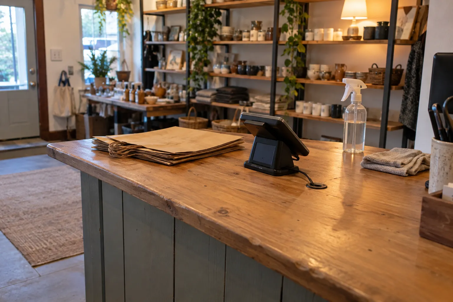 A wooden boutique checkout counter wiped down after closing, with a spray bottle and cloth