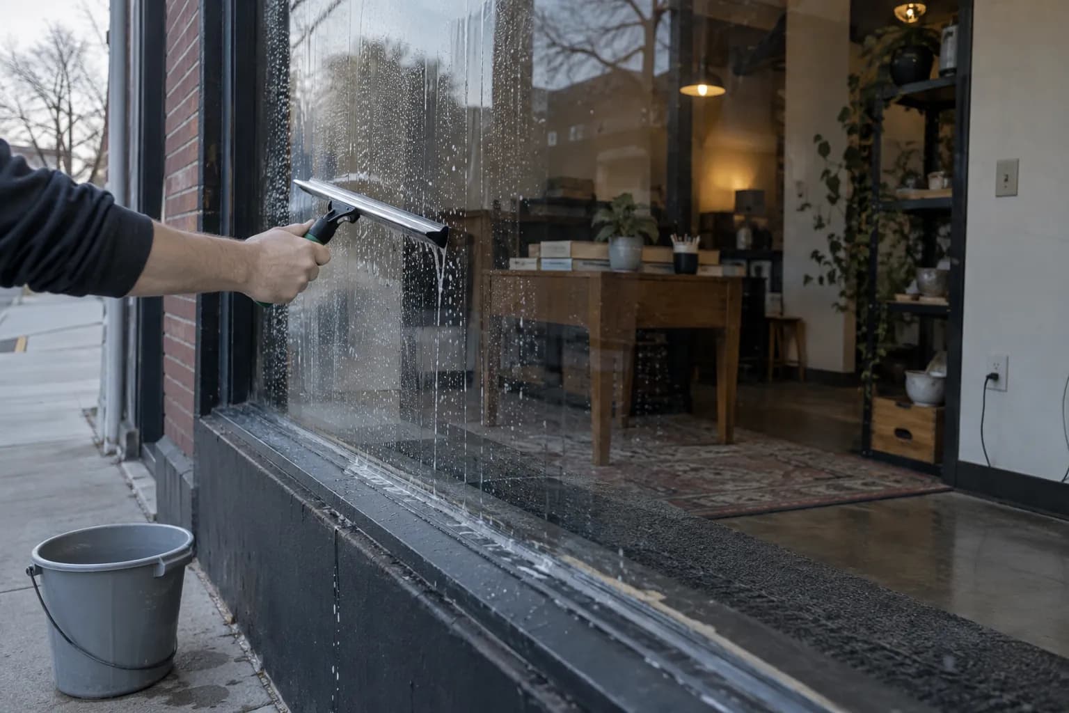 A hand squeegeeing a storefront window from the sidewalk