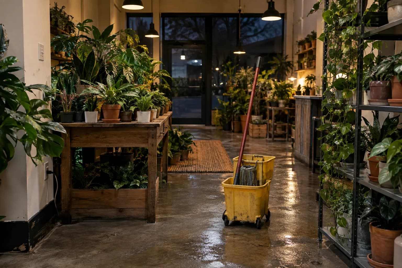 A small plant shop after closing with a mop bucket on the freshly mopped concrete floor
