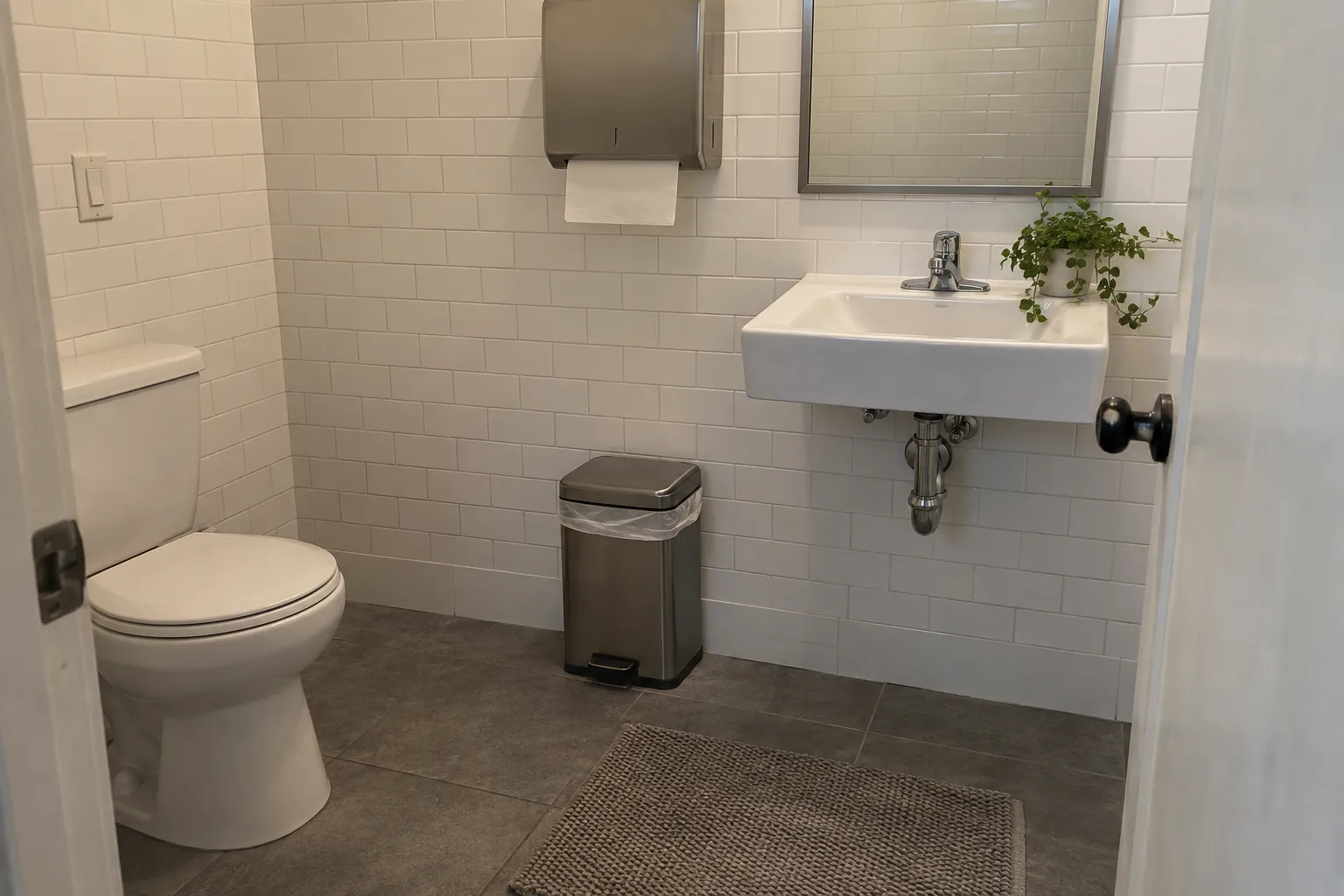 A small customer restroom with a wall-hung sink and subway tile, freshly cleaned