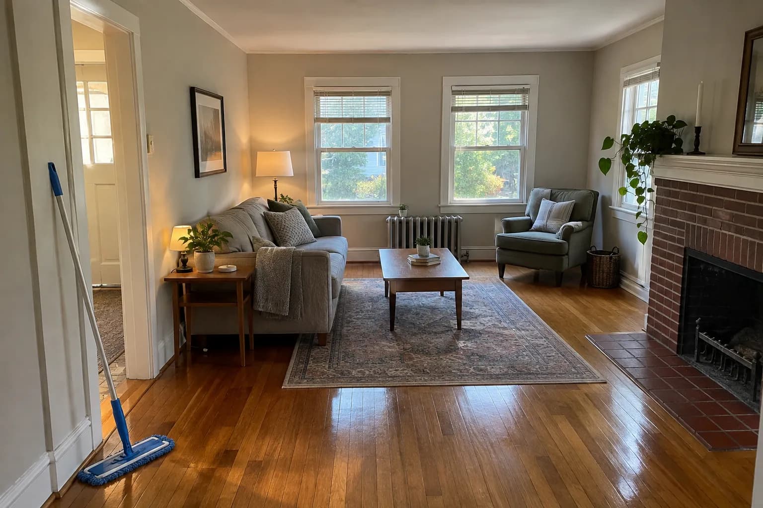 A living room with freshly mopped hardwood floors and a brick fireplace, ready for an open house