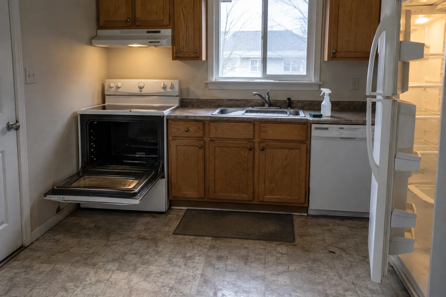 A vacated rental kitchen with the oven door open for cleaning and the fridge emptied