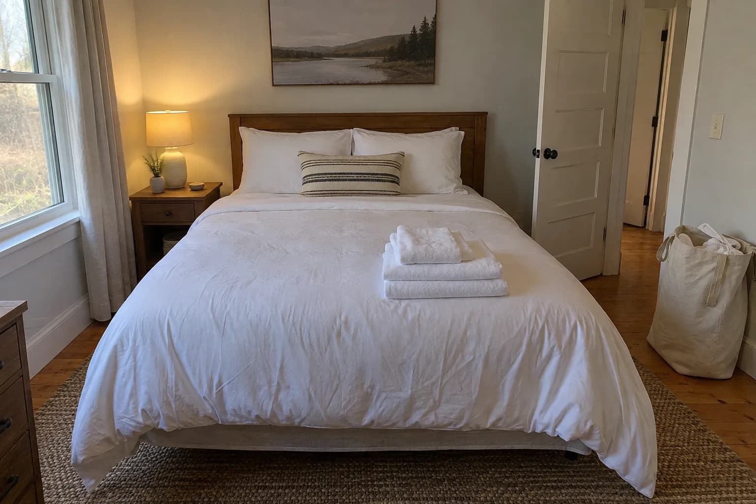 A rental guest bedroom reset between stays, with fresh white linens and folded towels on the bed