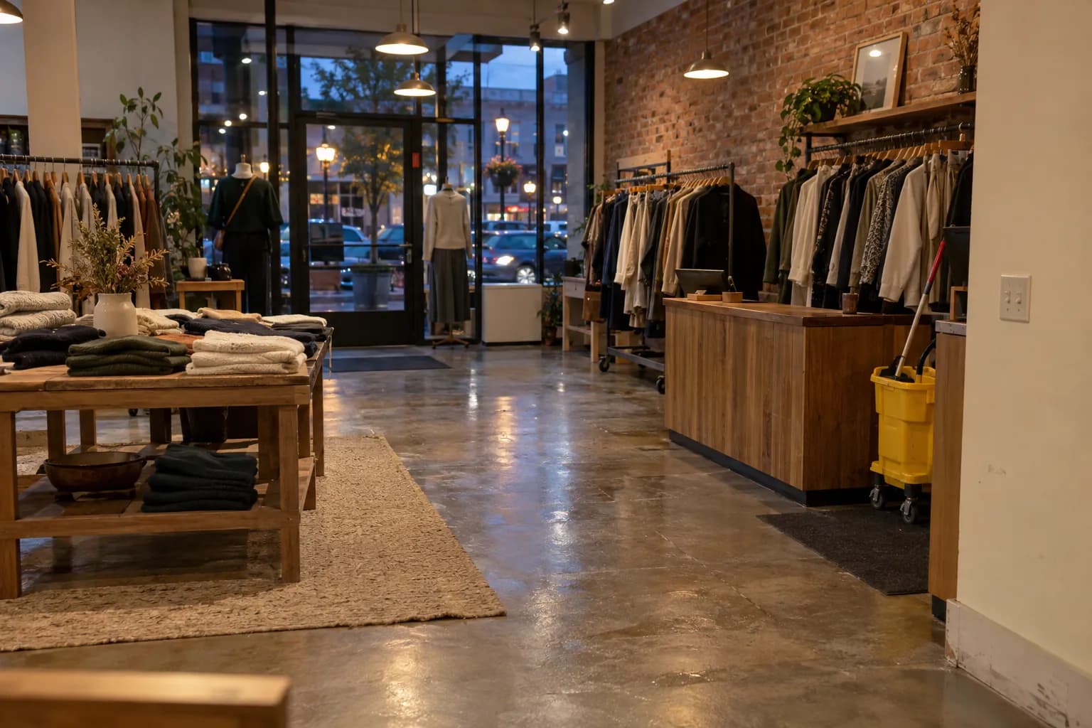 Small clothing boutique after closing with a freshly mopped concrete floor, folded sweaters on wooden tables and a yellow mop bucket behind the counter
