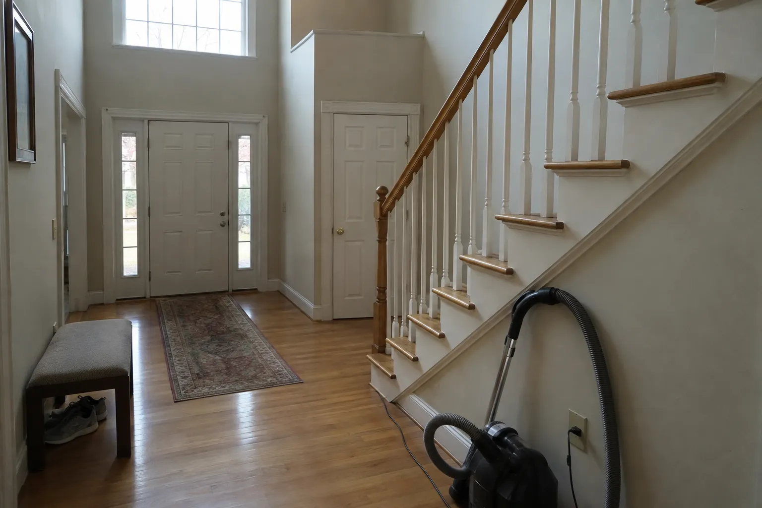 Two-story front foyer of a colonial-style house after a routine cleaning, with oak floors, a runner by the front door, a staircase with white spindles and oak treads, a bench with sneakers underneath and a canister vacuum at the foot of the stairs