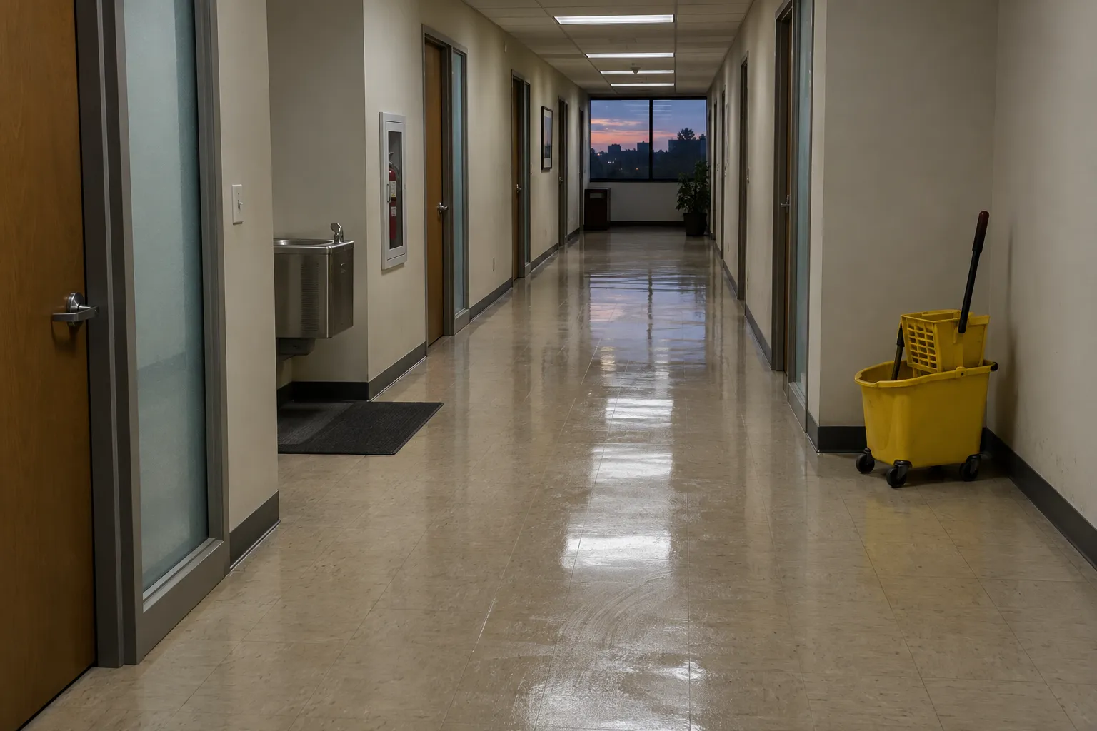 Office building corridor with a freshly mopped vinyl floor and a yellow mop bucket against the wall