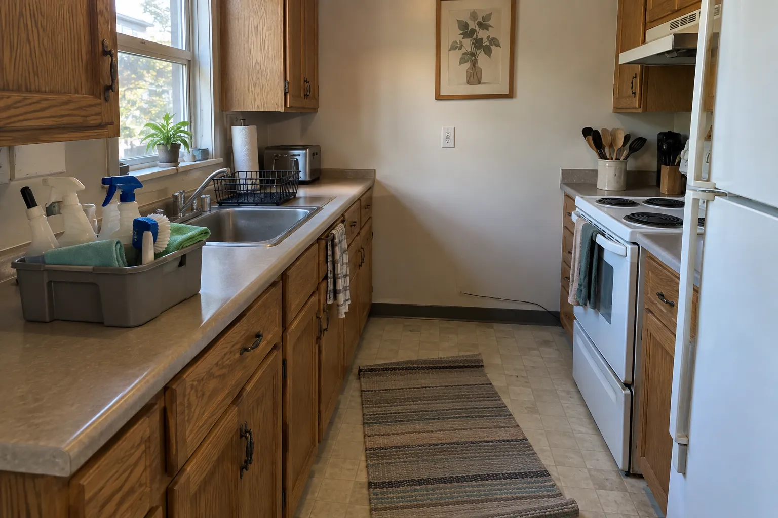 Galley kitchen with oak cabinets and a gray cleaning caddy of spray bottles and cloths on the counter